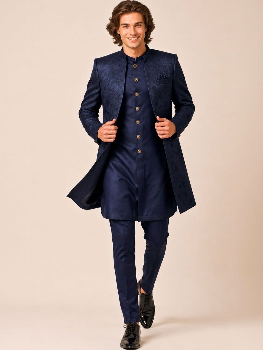 House of Pataudi Men's Navy Blue Self-Jacquard Layered Indo-Western Sherwani with Matching Trousers - view 1