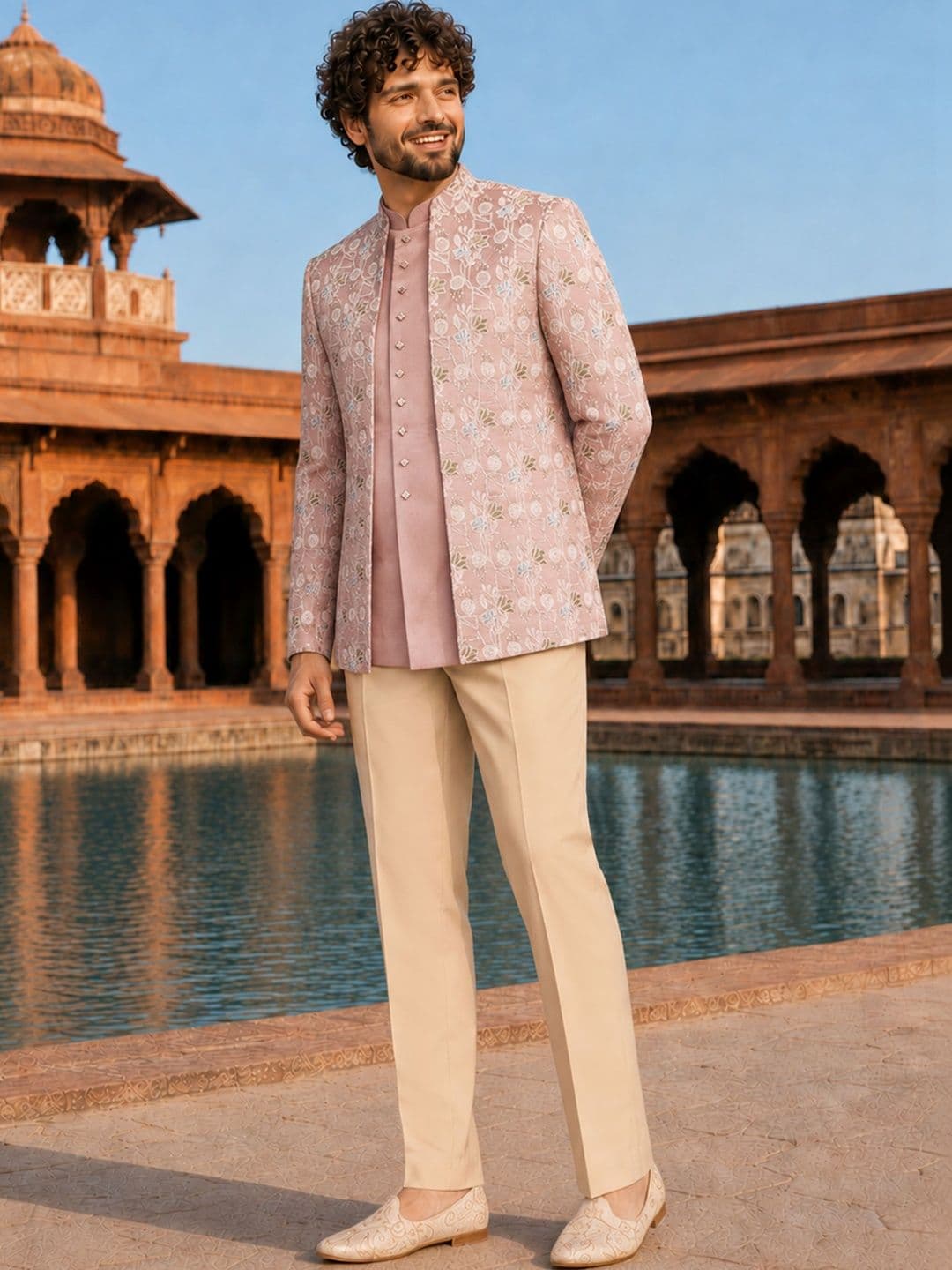 VASTRAMAY Men Pink Embroidered Front Open Jacket with Semi Jacket & Trouser - view 1