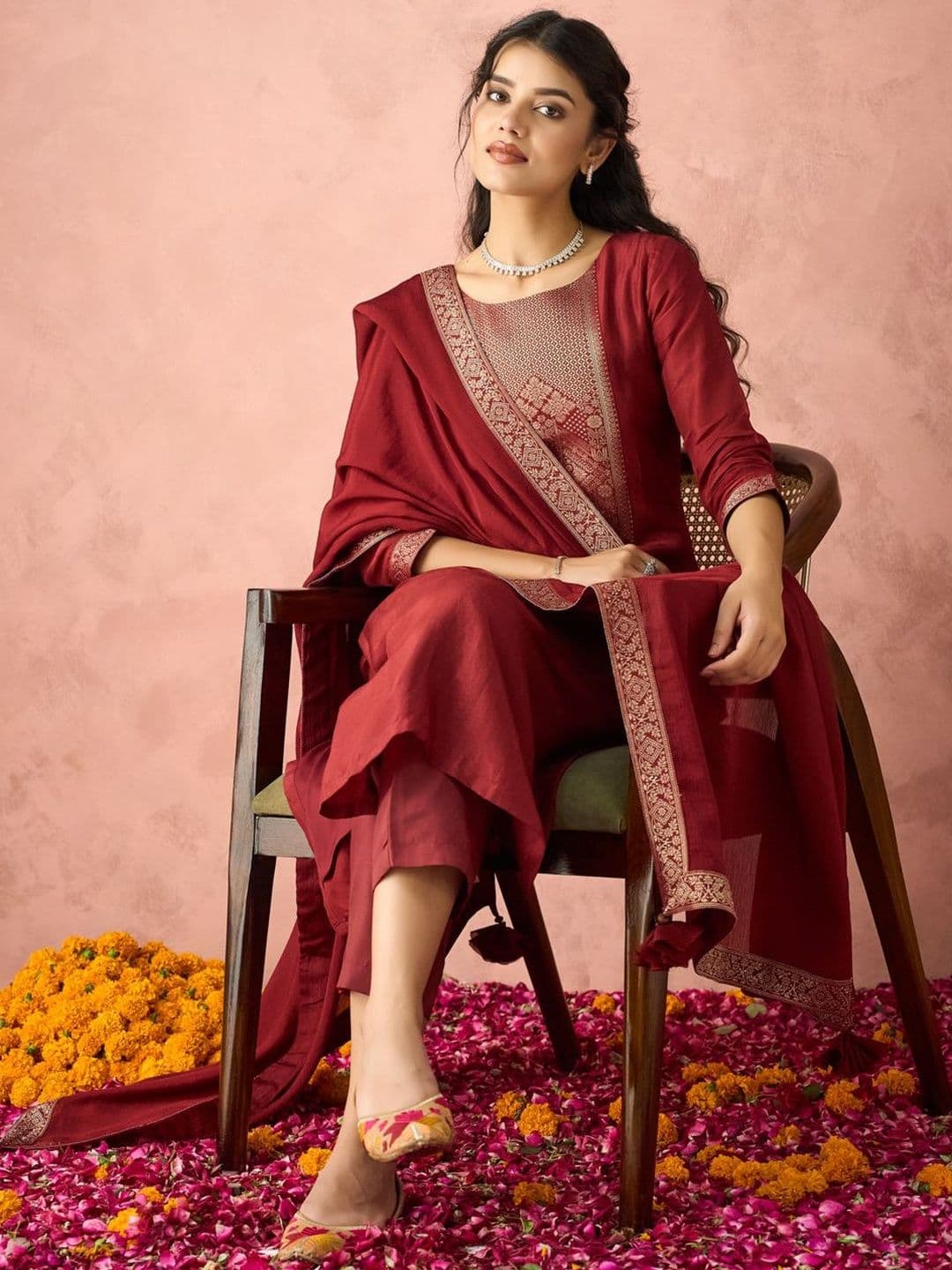 SOURAGYA Maroon Silk Blend Woven Kurta with Trousers & Dupatta - view 1