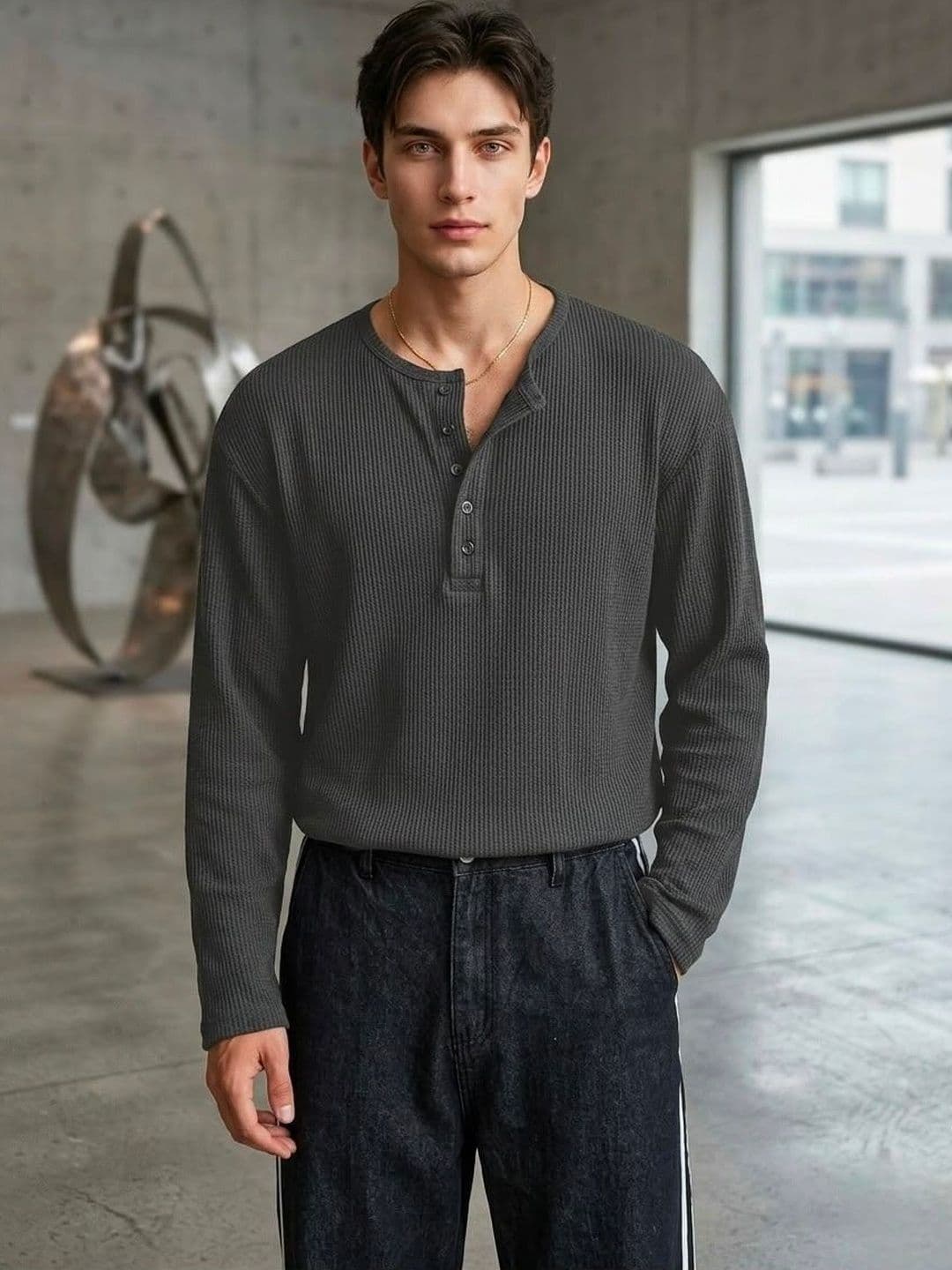Else and What Men Textured Long Sleeves Cotton T-shirt - view 1