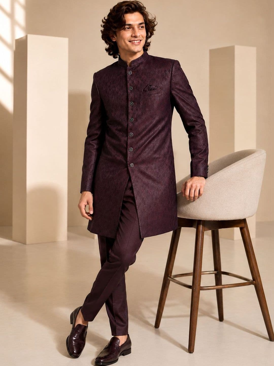 House of Pataudi Men's Wine Self-Jacquard Wedding Sherwani with Matching Trousers - view 1