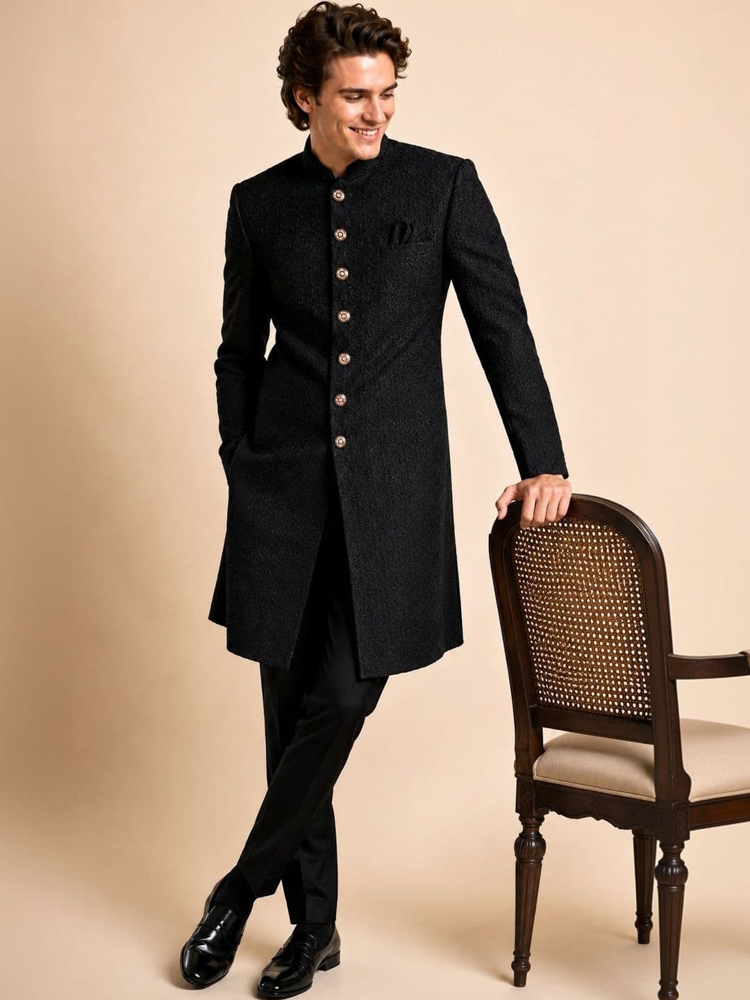 House of Pataudi Men's Black Self-Embroidered Wedding Sherwani with Matching Trousers - view 1