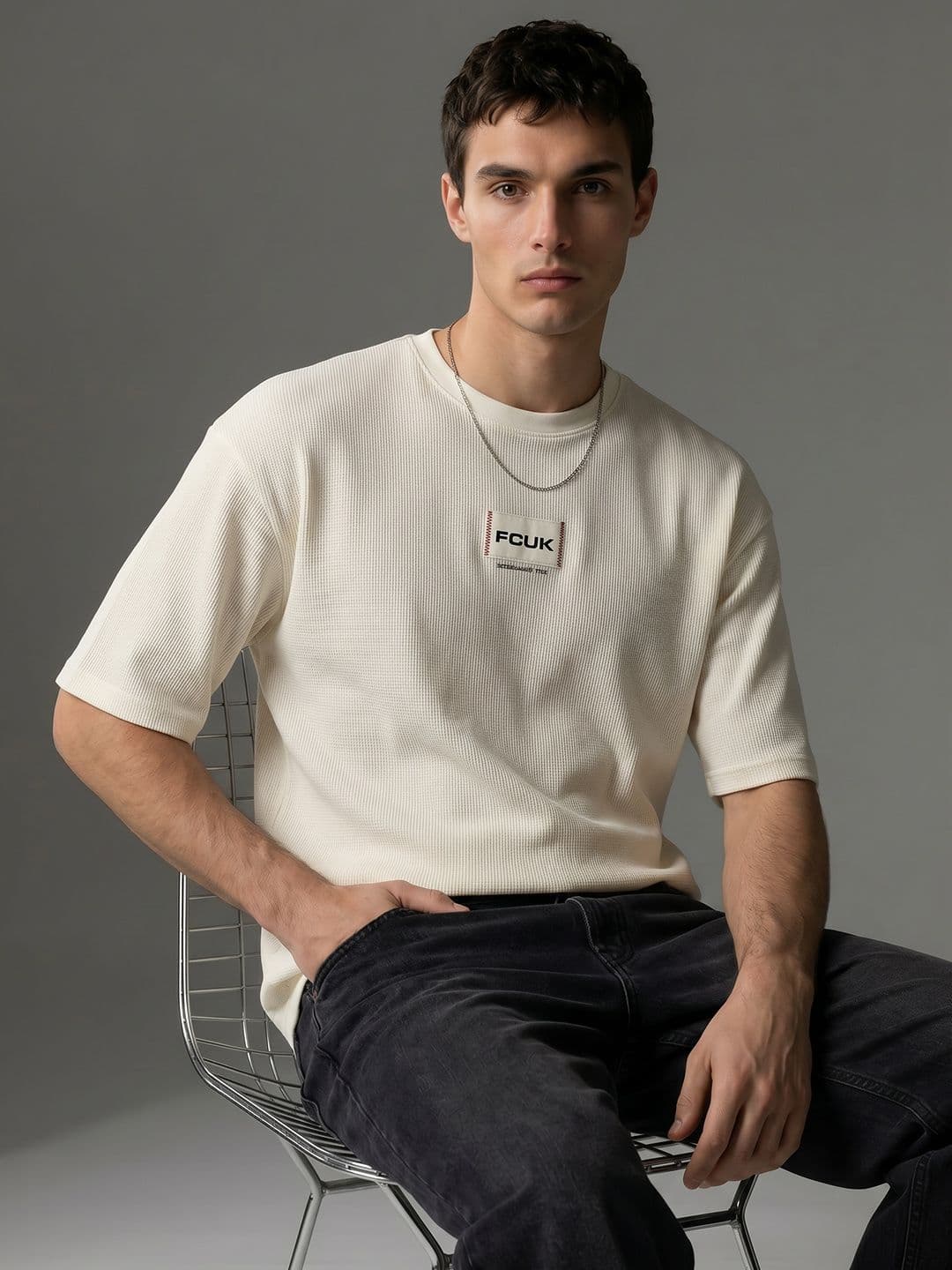 FCUK Self Design Drop-Shoulder Sleeves Pure Cotton Oversized T-shirt - view 1