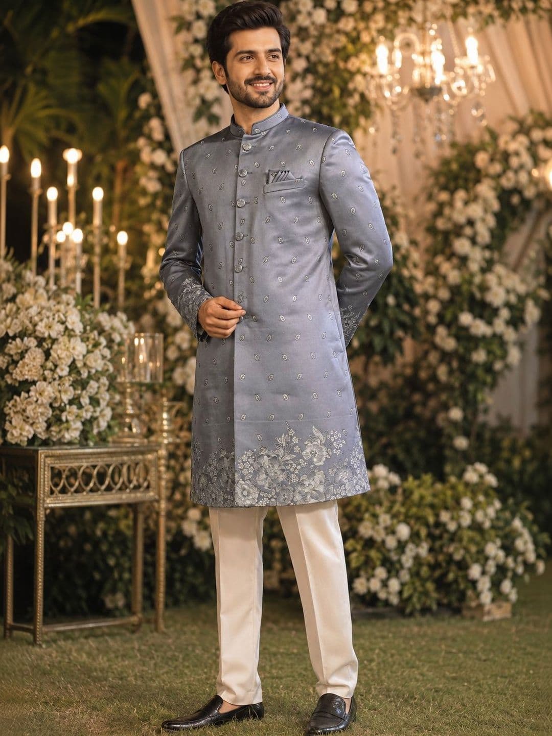 House of Pataudi Dolphin Grey Floral Jacquard Nawabi Style Indo Western Wedding Sherwani - view 1