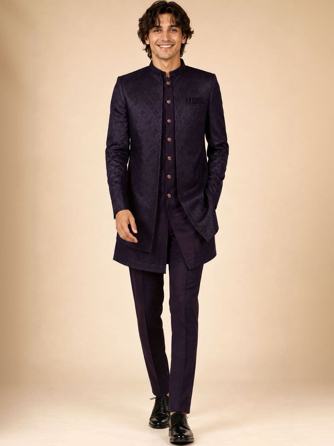 House of Pataudi Men's Deep Plum Self-Jacquard Wedding Sherwani with Matching Trousers - view 1