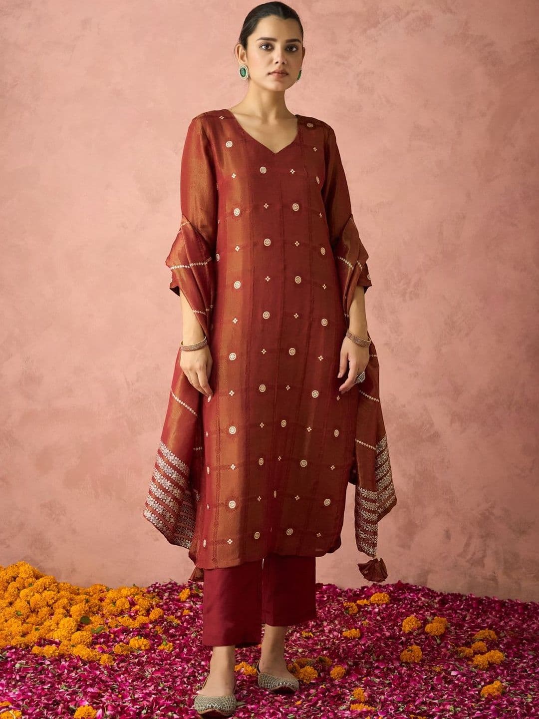 SOURAGYA Maroon Pure Silk Woven Kurta with Trousers & Dupatta - view 1