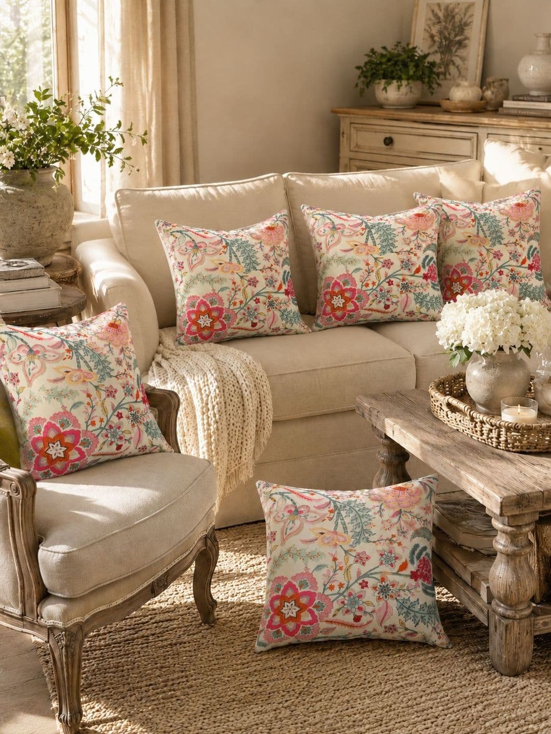 Clasiko Autumn Sedum Pink Floral Cotton Washable 5 Piece Square Cushion Covers -16x16In - view 1