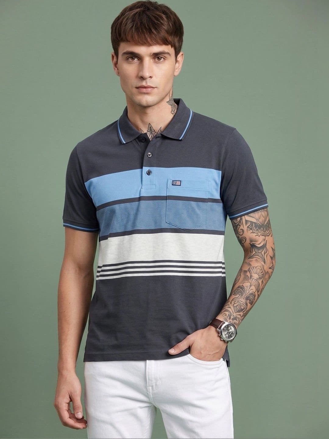 SANDPIPER Men Striped Polo Collar Pockets T-shirt - view 1