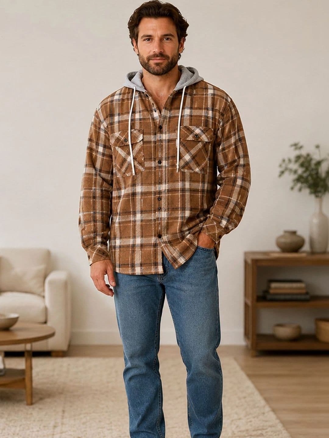 StyleCast Men Checked Open Front Hooded Jacket - view 1