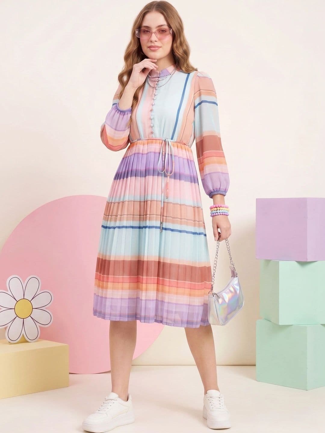 JAKANARY Striped Crepe A-Line Midi Dress - view 1