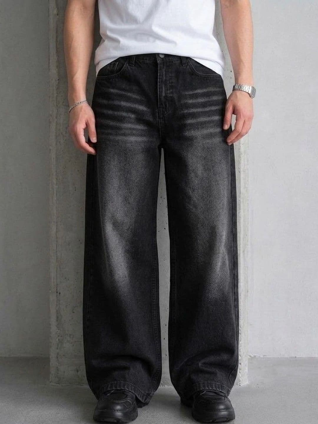 Niffar Fashion Men Wide Leg Mid-Rise Low Distress Light Fade Jeans - view 1