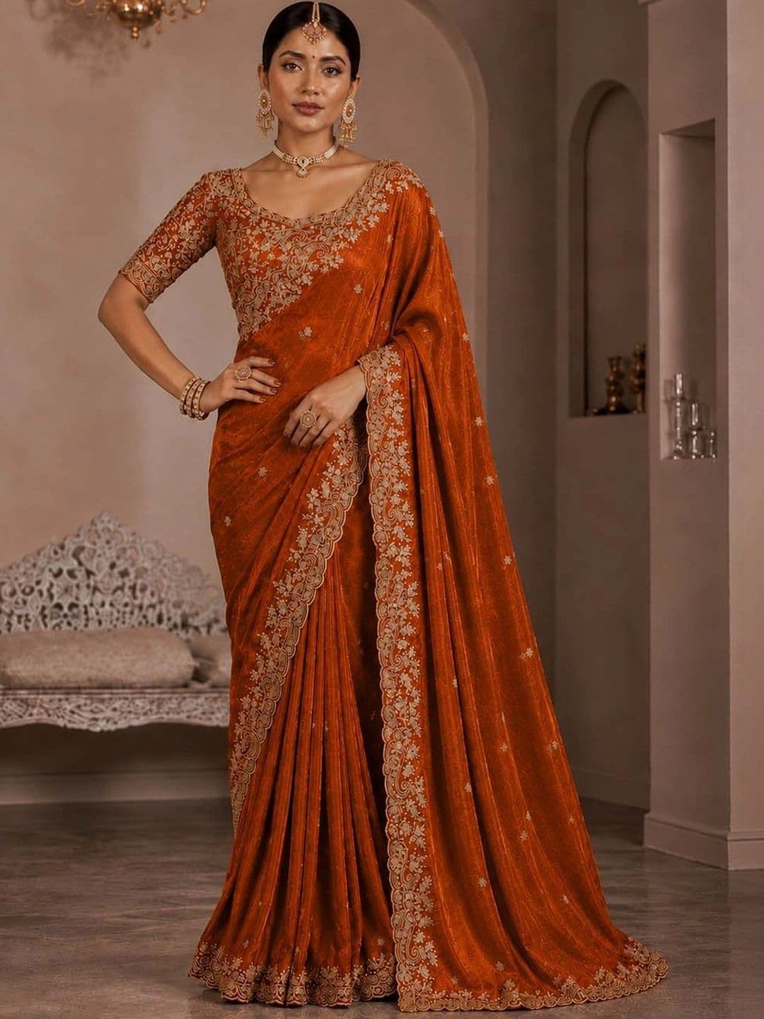 HERE&NOW Paisley Embroidered Satin Designer Saree - view 1