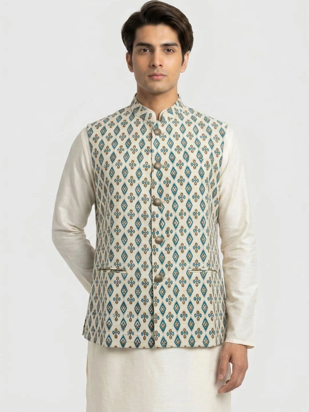 Sanman Ethnix by Raymond Men Printed Open Front Nehru Jackets - view 1