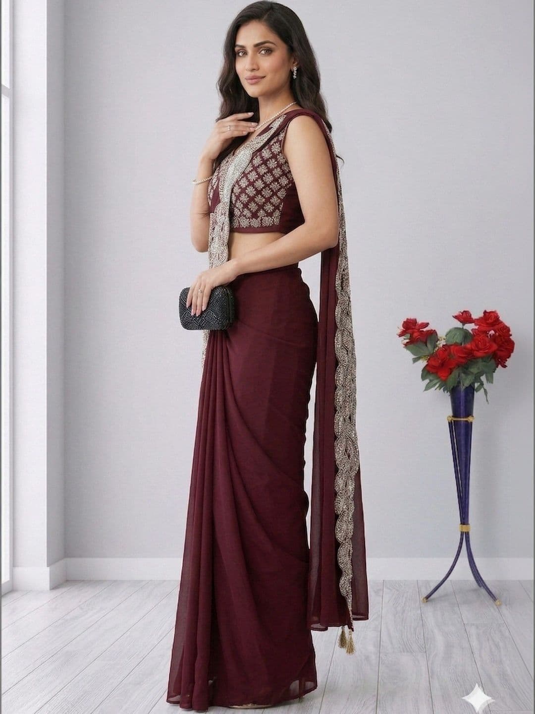 Kinjhit Fashion Embellished Embroidered Pure Georgette Designer Saree - view 1