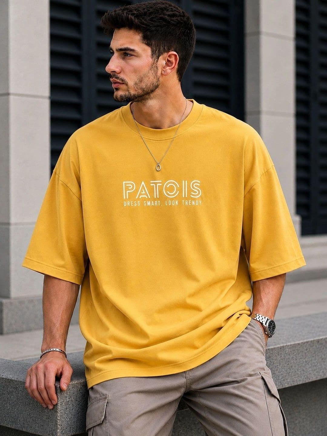 PATOIS Men Mustard Yellow Oversized Typography T-shirt - view 1
