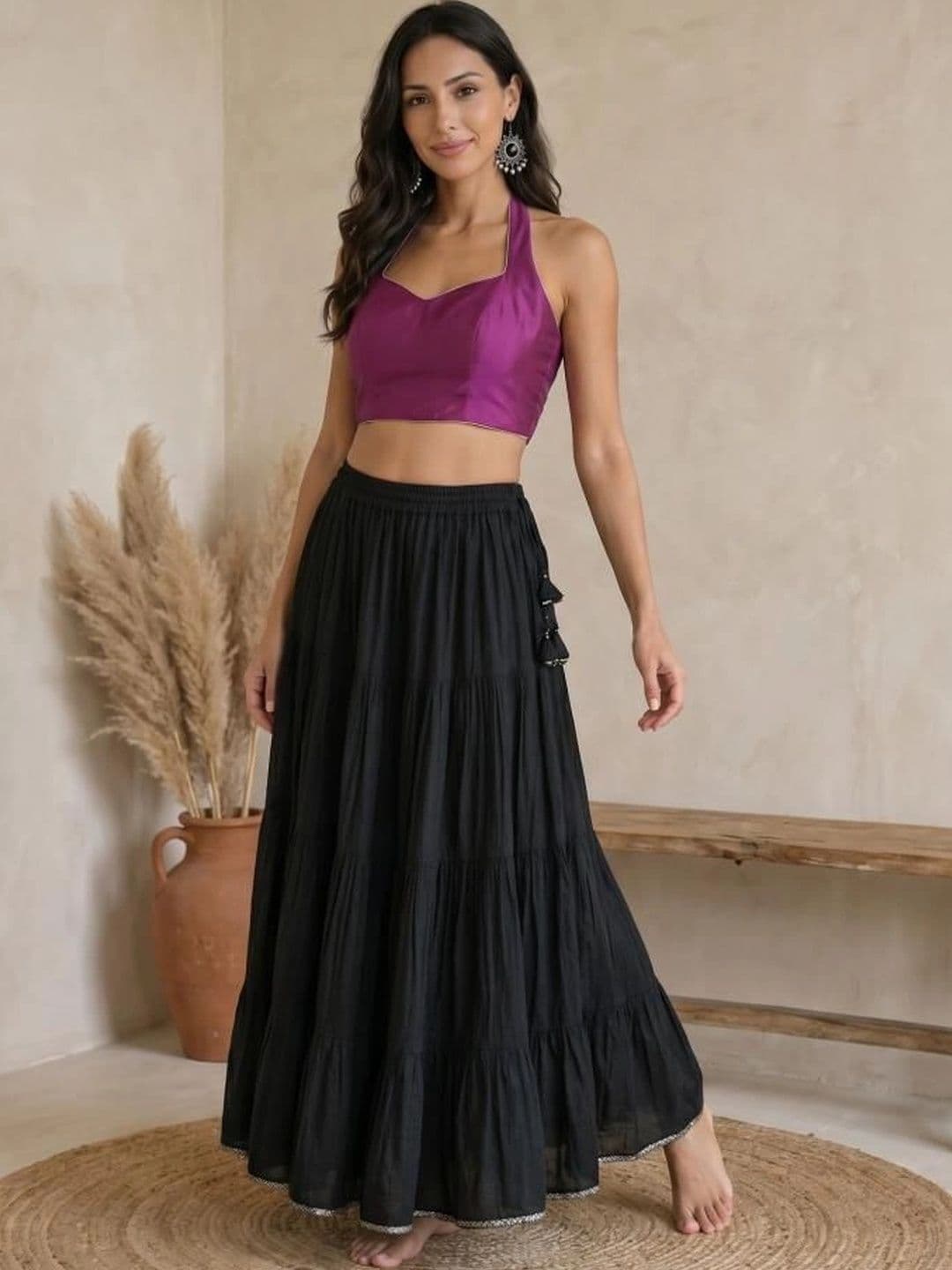 Suha Women Pure Cotton Tiered Maxi Flared Skirt - view 1