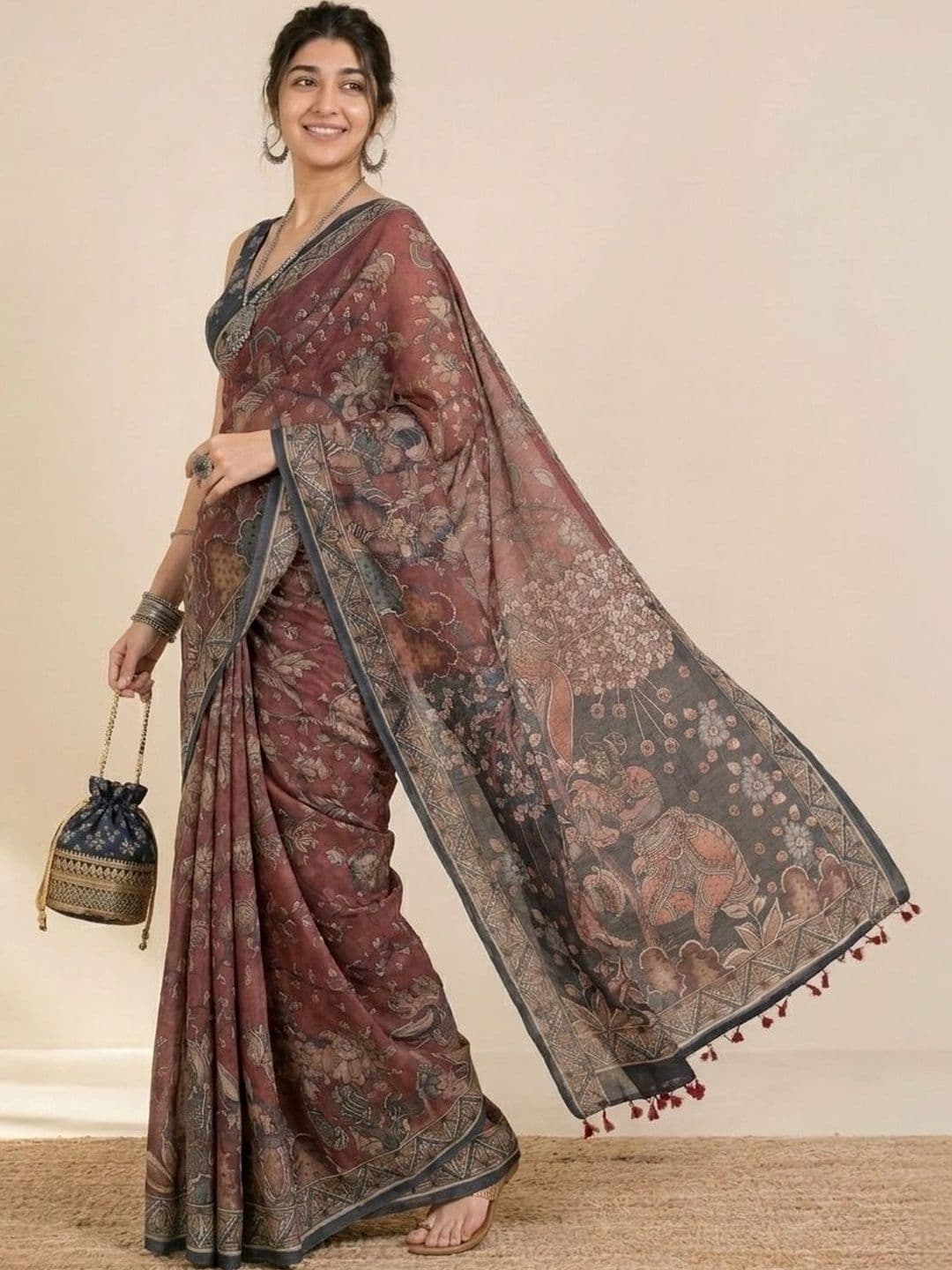 AANVI Kalamkari Silk Blend Fusion Block Print Saree - view 1