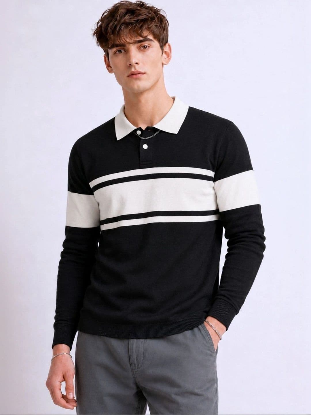 Try This Men Striped Polo Collar T-shirt - view 1