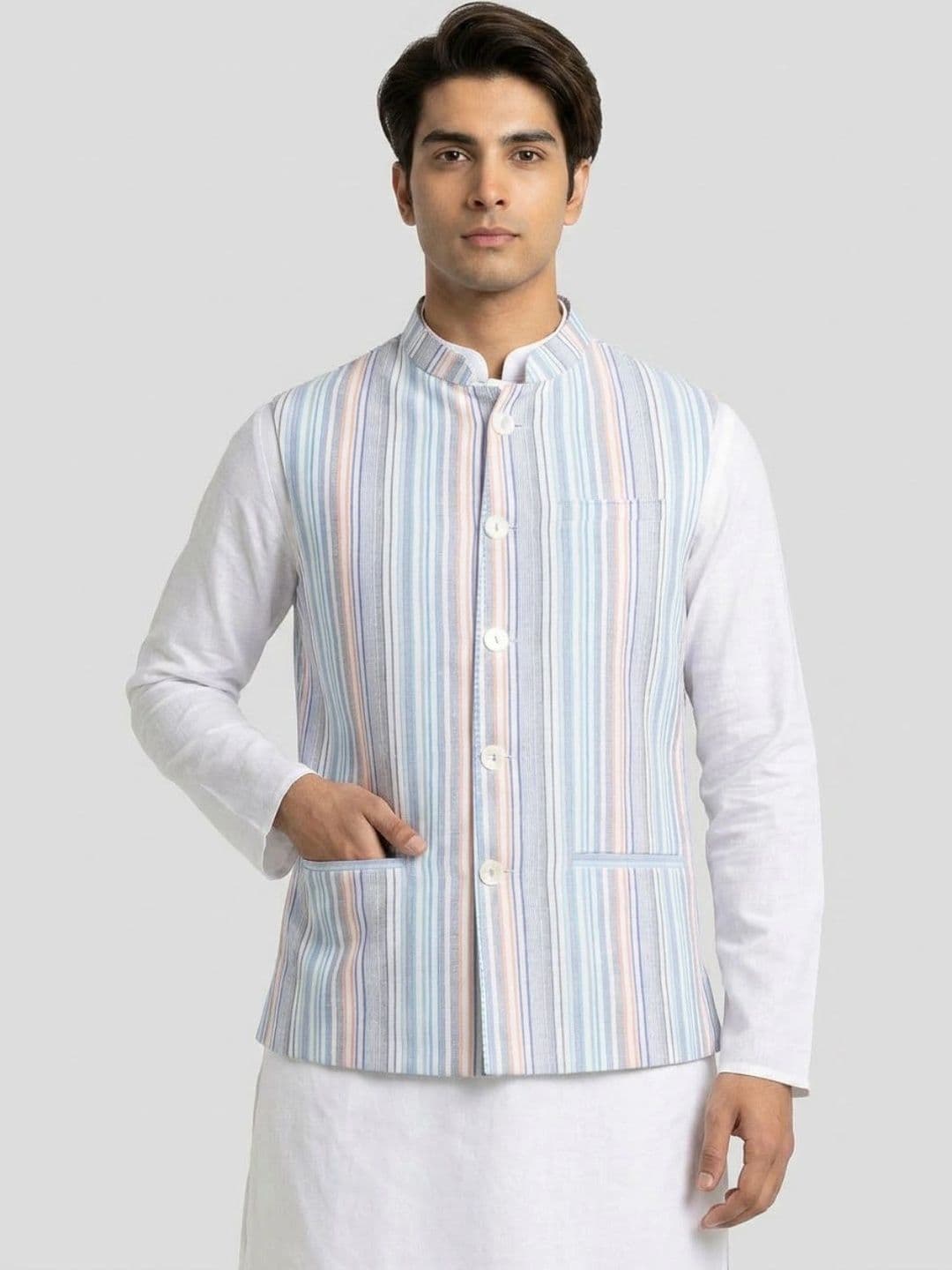 Sanman Ethnix by Raymond Men Striped Open Front Jacket - view 1
