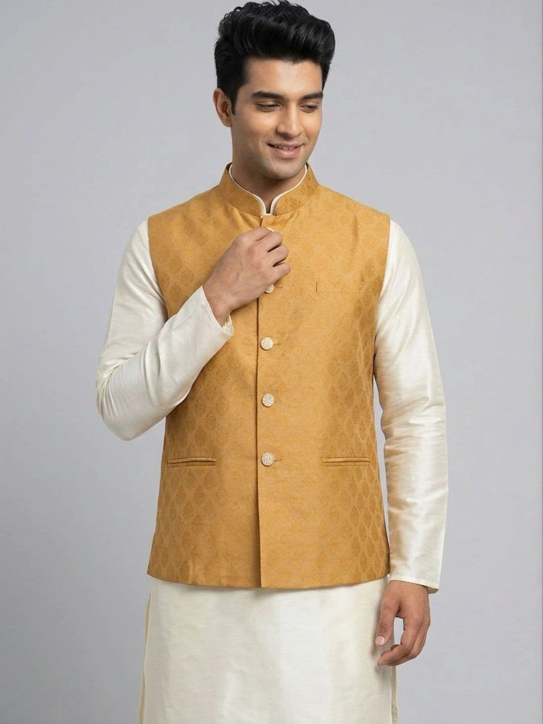 Sanman Ethnix by Raymond Men Woven Design Open Front Nehru Jackets - view 1
