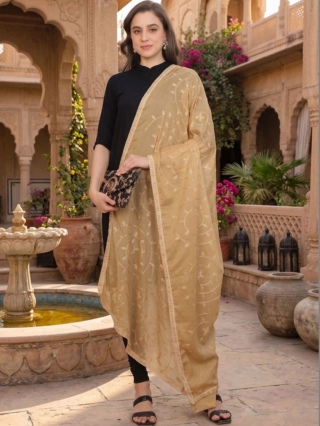 LOOM LEGACY Embroidered Cotton Silk Dupatta with Thread Work - view 1