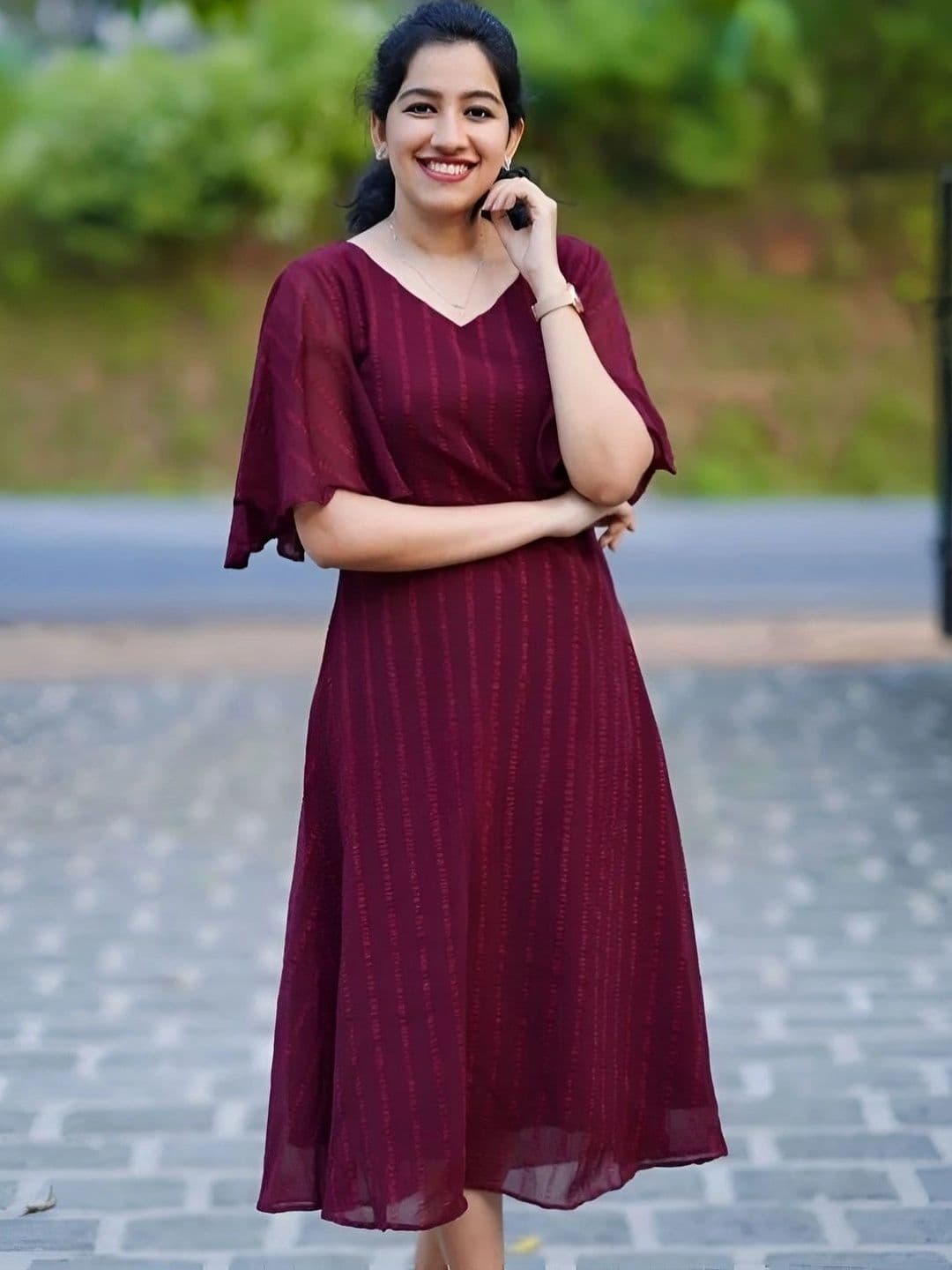 Sangria V-Neck Ethnic Motifs A-Line Midi Dress - view 1