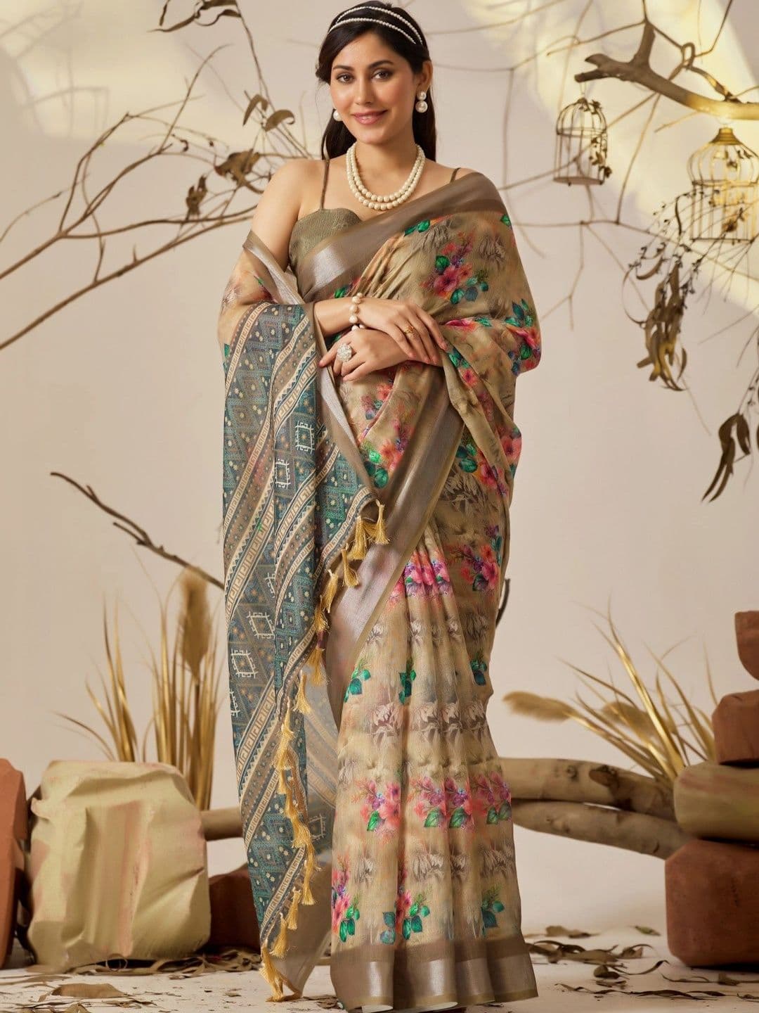 Rangrath Floral Pure Cotton Fusion Banarasi Saree - view 1