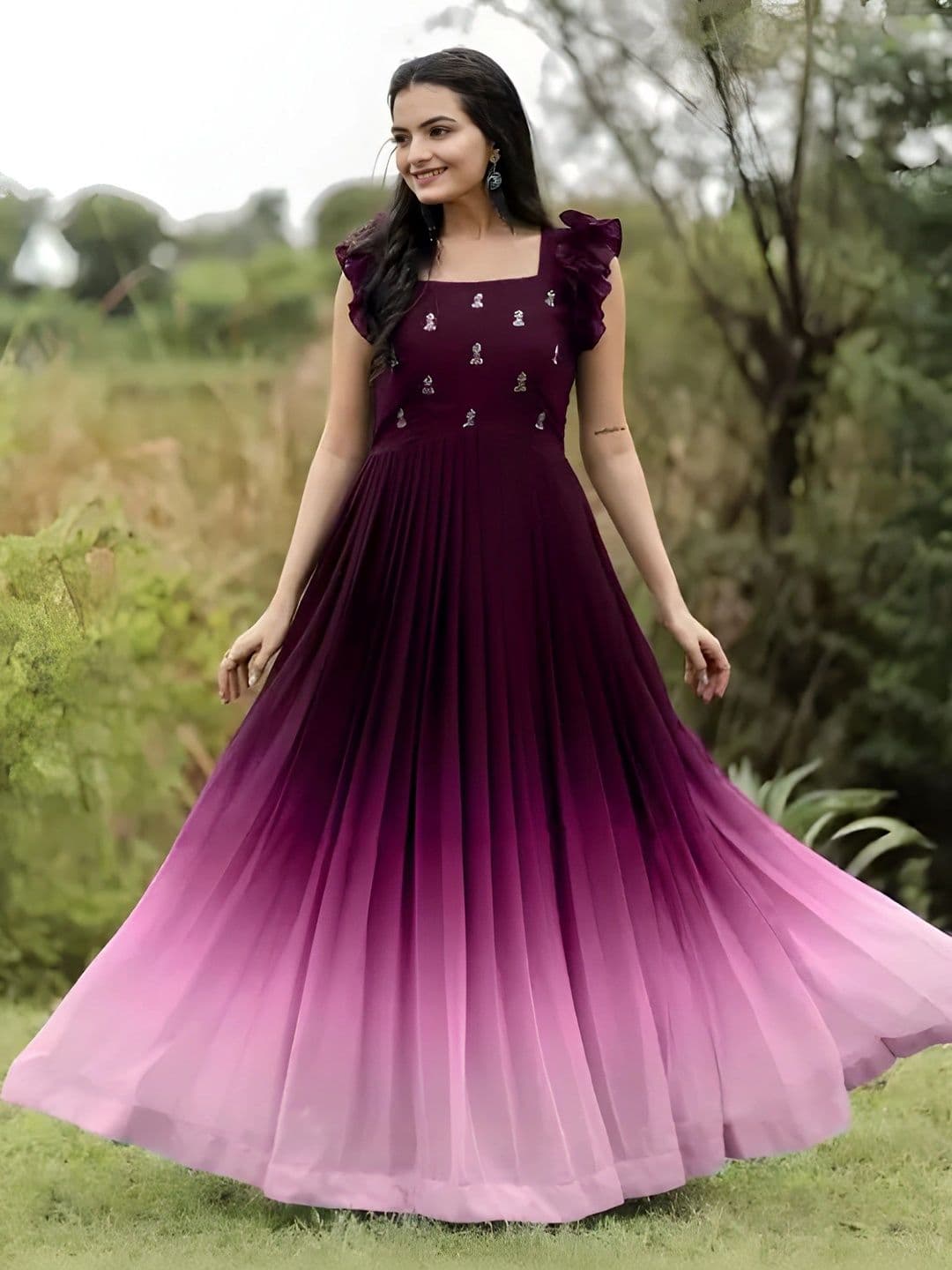 KALINI Embellished Square Neck Fit & Flare Maxi Ethnic Dresses - view 1