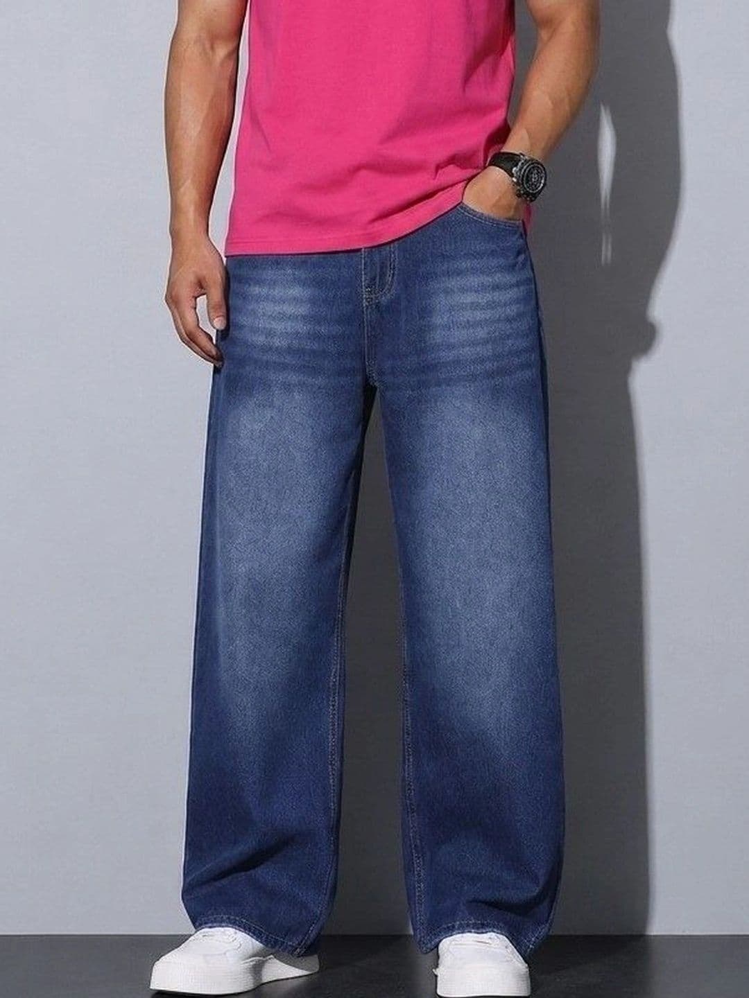 PINKLIT Men Straight Fit Mid-Rise Low Distress Light Fade Jeans - view 1
