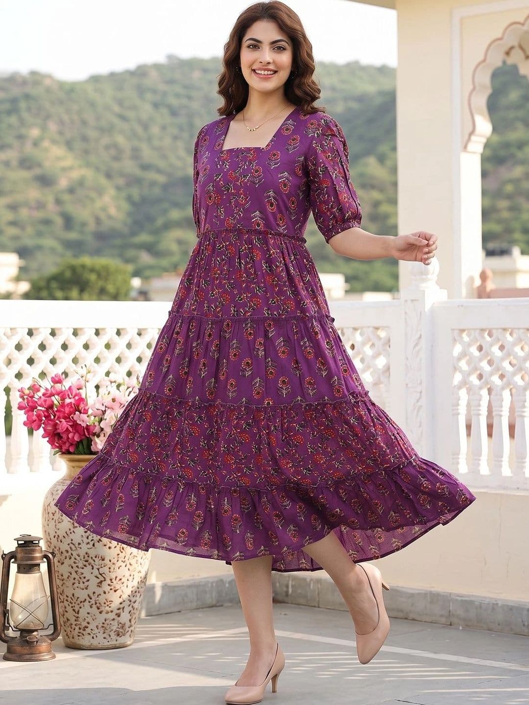 Anouk Floral Print Puff Sleeve A-Line Midi Dress - view 1
