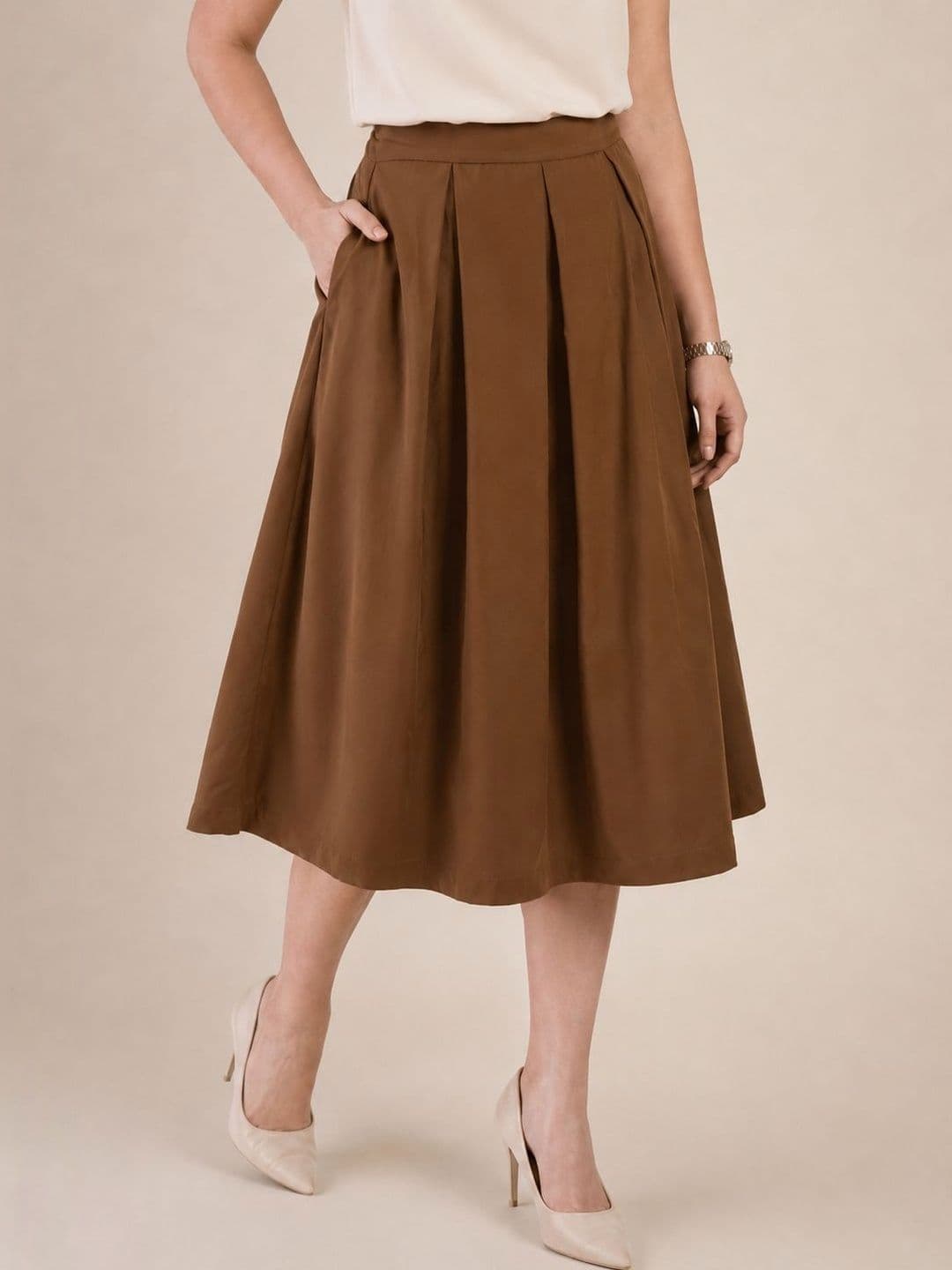 WineRed Women Solid Pleated Midi Skirt - view 1