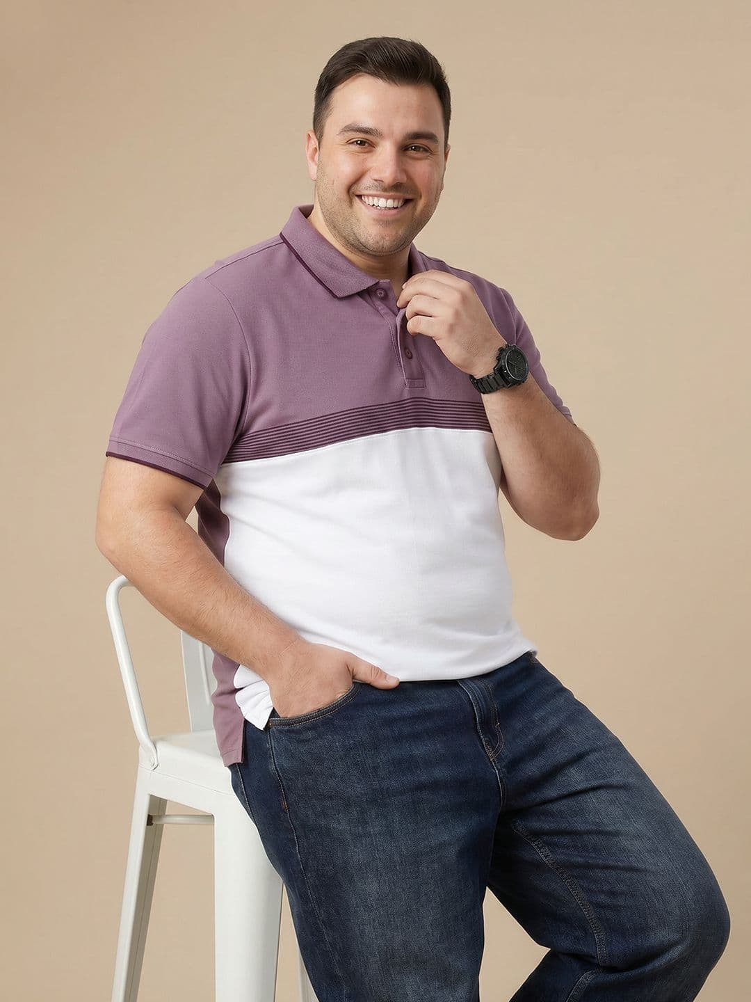 Sztori Plus Size Colourblocked Polo Collar Pure Cotton T-shirt - view 1