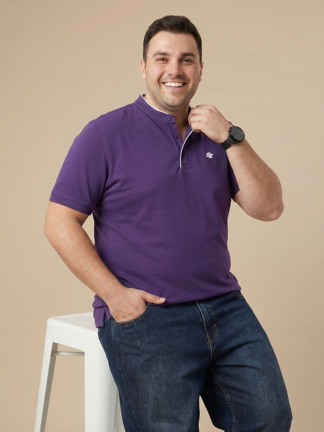 Sztori Plus Size Band Collar Pure Cotton T-shirt - view 1