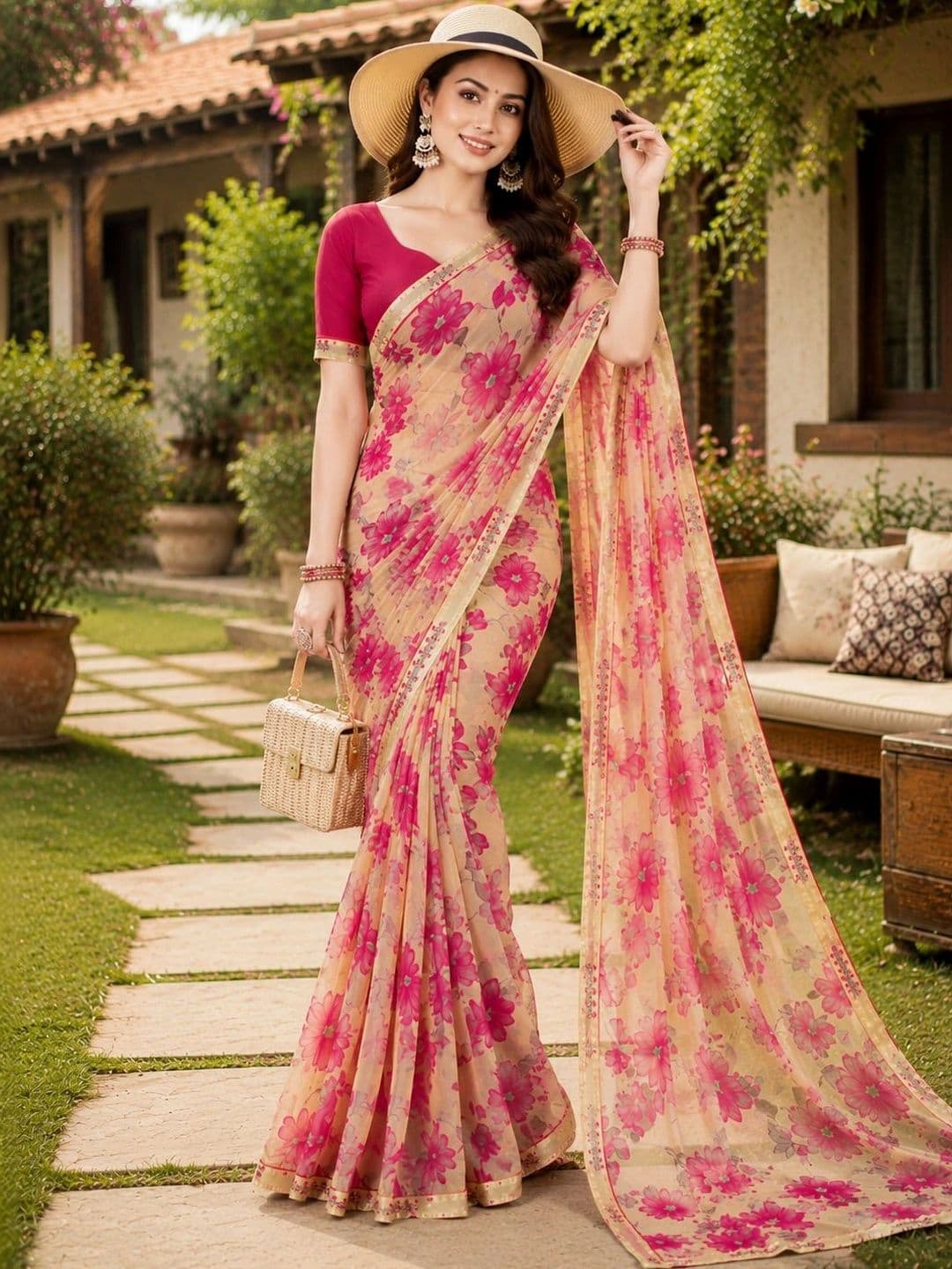 VIYONA FASHION Floral Poly Georgette Saree - view 1