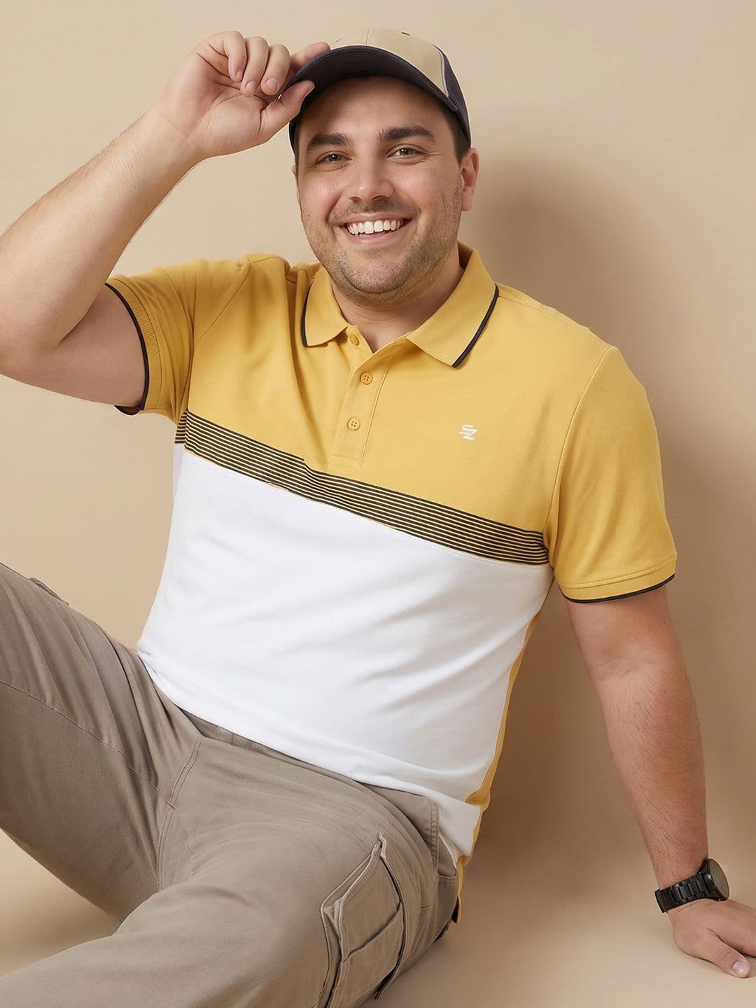 Sztori Plus Size Colourblocked Polo Collar Pure Cotton T-shirt - view 1