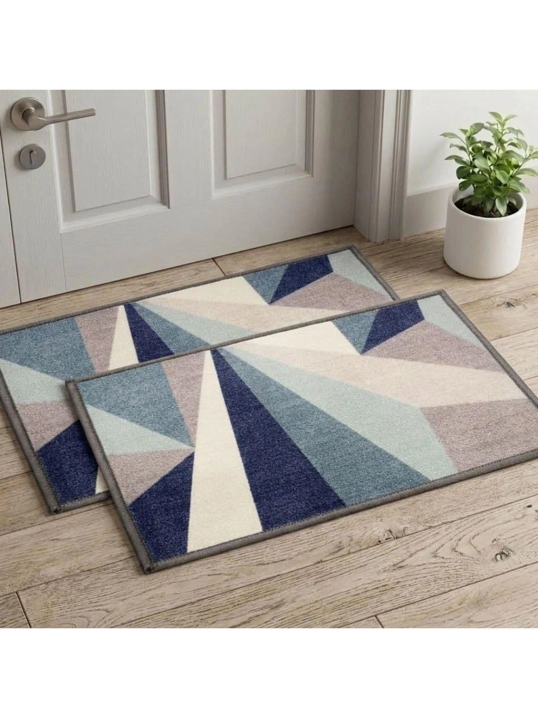 Athom Trendz Blue & Cream 2 Pieces Floral Printed Anti Slip Doormat 57x37cm - view 1