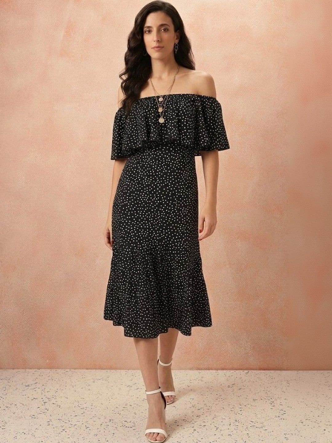 all about you Polka Dot Print Off-Shoulder Flutter Sleeve Ruffled Crepe A-Line Midi Dress - view 1