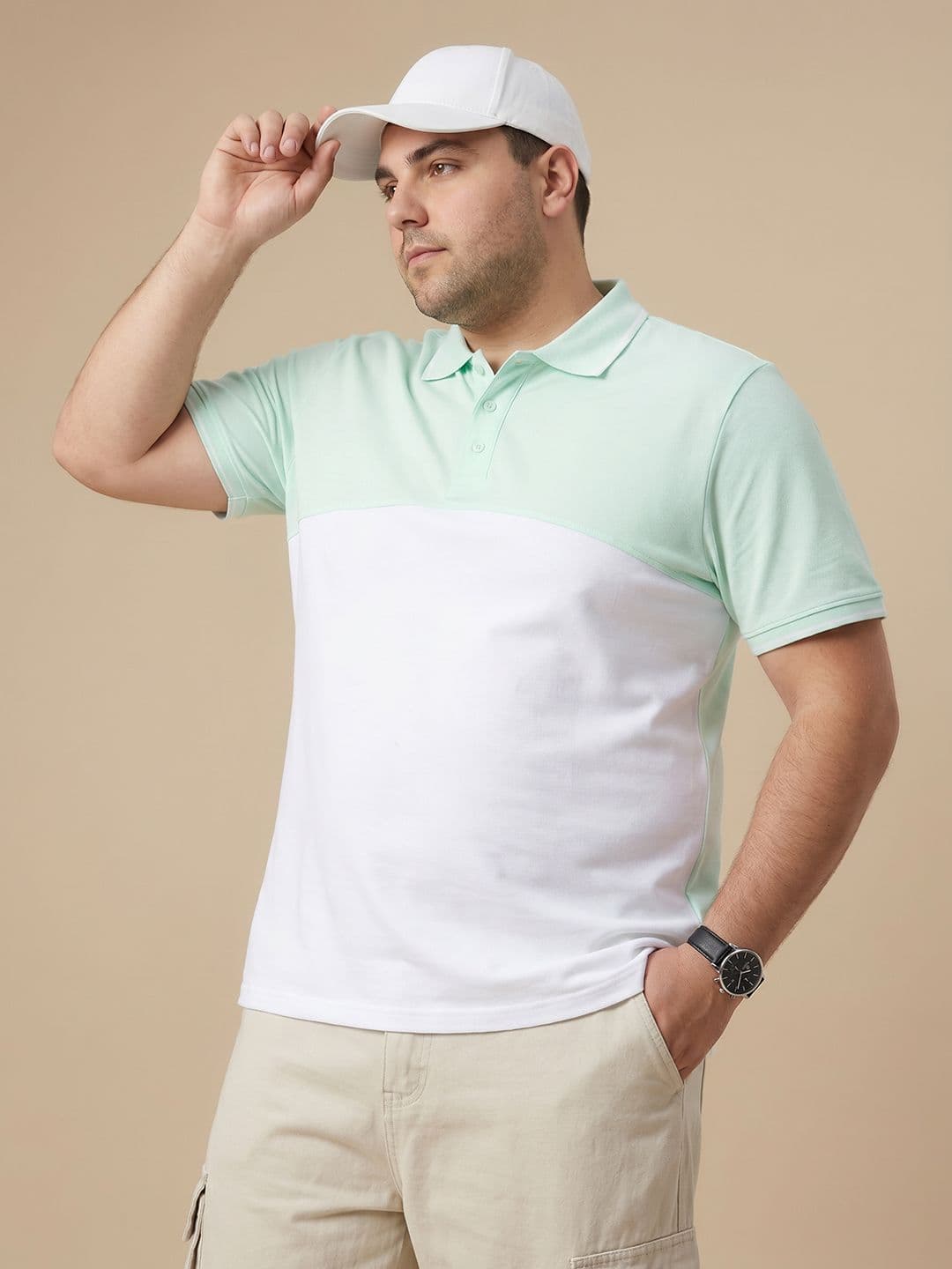 Sztori Plus Size Colourblocked Polo Collar Pure Cotton T-shirt - view 1