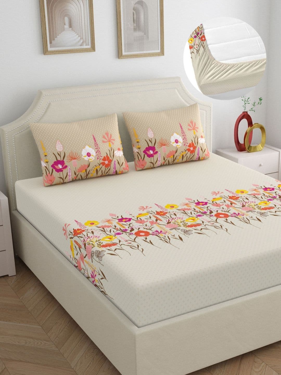 Home Ecstasy Beige Printed Pure Cotton Fitted140 TC Double King Bedsheet Set 1.83m x 1.98m - view 1