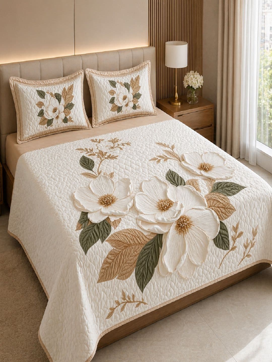TINDLER KNOTS Cream Printed Cotton 250 TC Double Bedsheet With 2 Pillow Covers 90"x100" - view 1