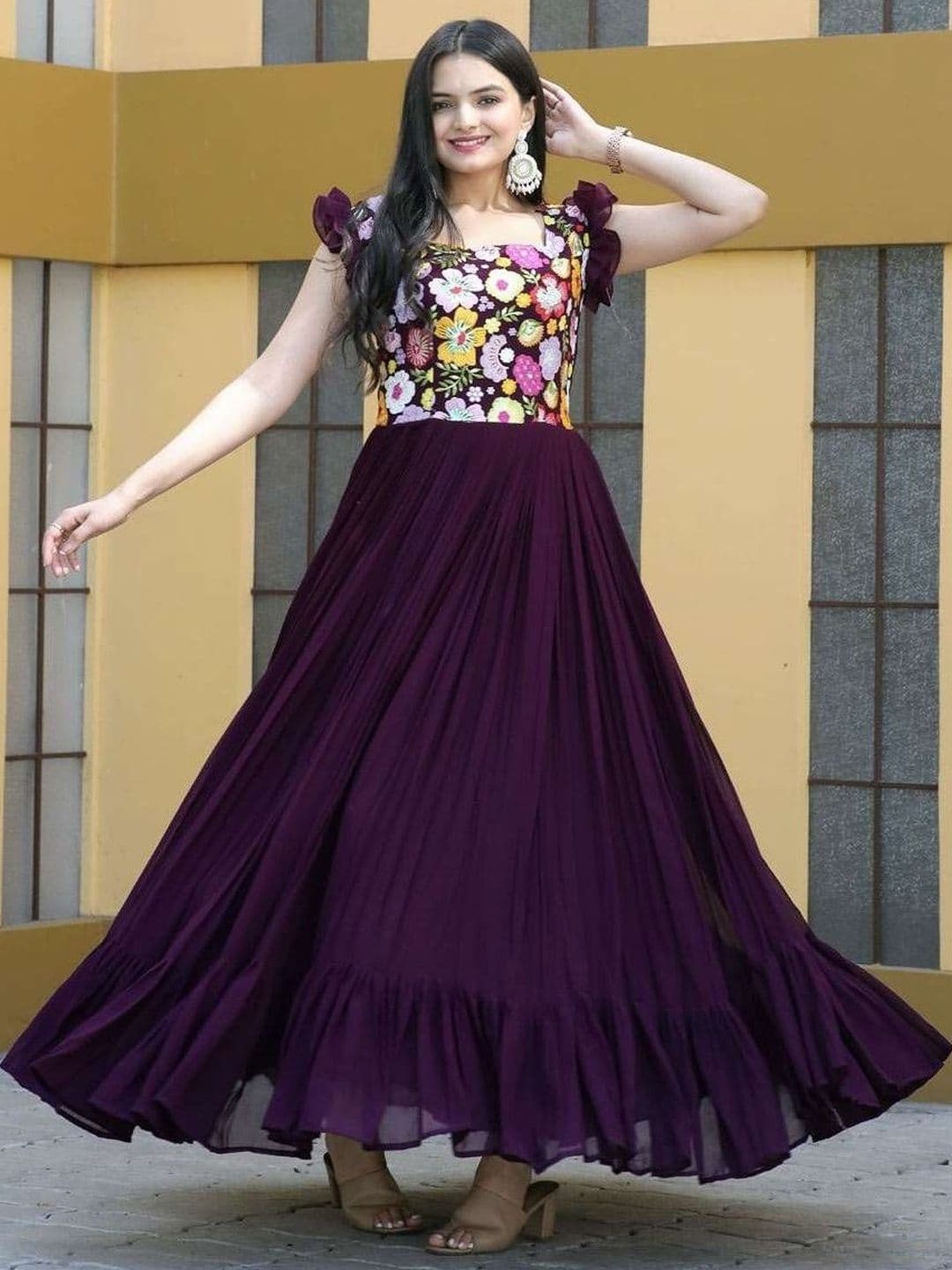 Sangria Embroidered Square Neck Fit & Flare Ethnic Dress - view 1
