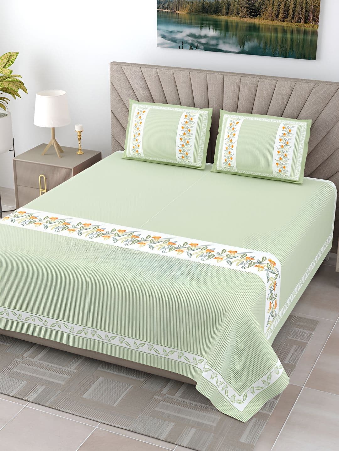 JAIPUR FABRIC Eco Friendly Green Striped Pure Cotton 300 TC King Fine Bedsheet with 2 Pillow Covers-108 x 108 inches - view 1