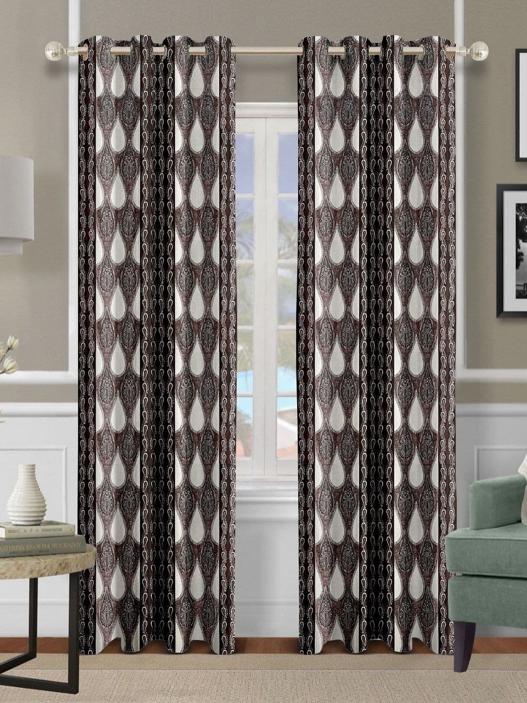 Cortina Brown & White 2 Pieces Ethnic Motifs Printed Long Door Curtains - view 1