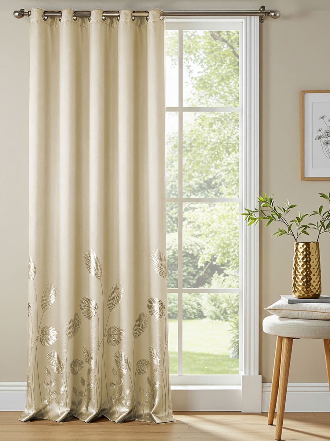URBAN SPACE Aurika Beige Gold Foil Blackout Window Curtain - view 1