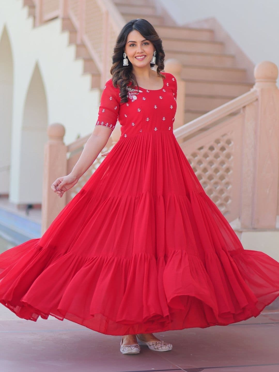Sangria Embroidered Round-Neck Fit & Flare Maxi Ethnic Dresses - view 1