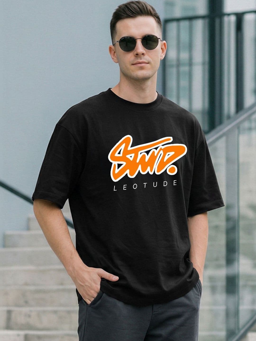 Leotude Typography Printed Drop Sholder Half Sleeve Cotton Ovesized Casual T-shirt - view 1