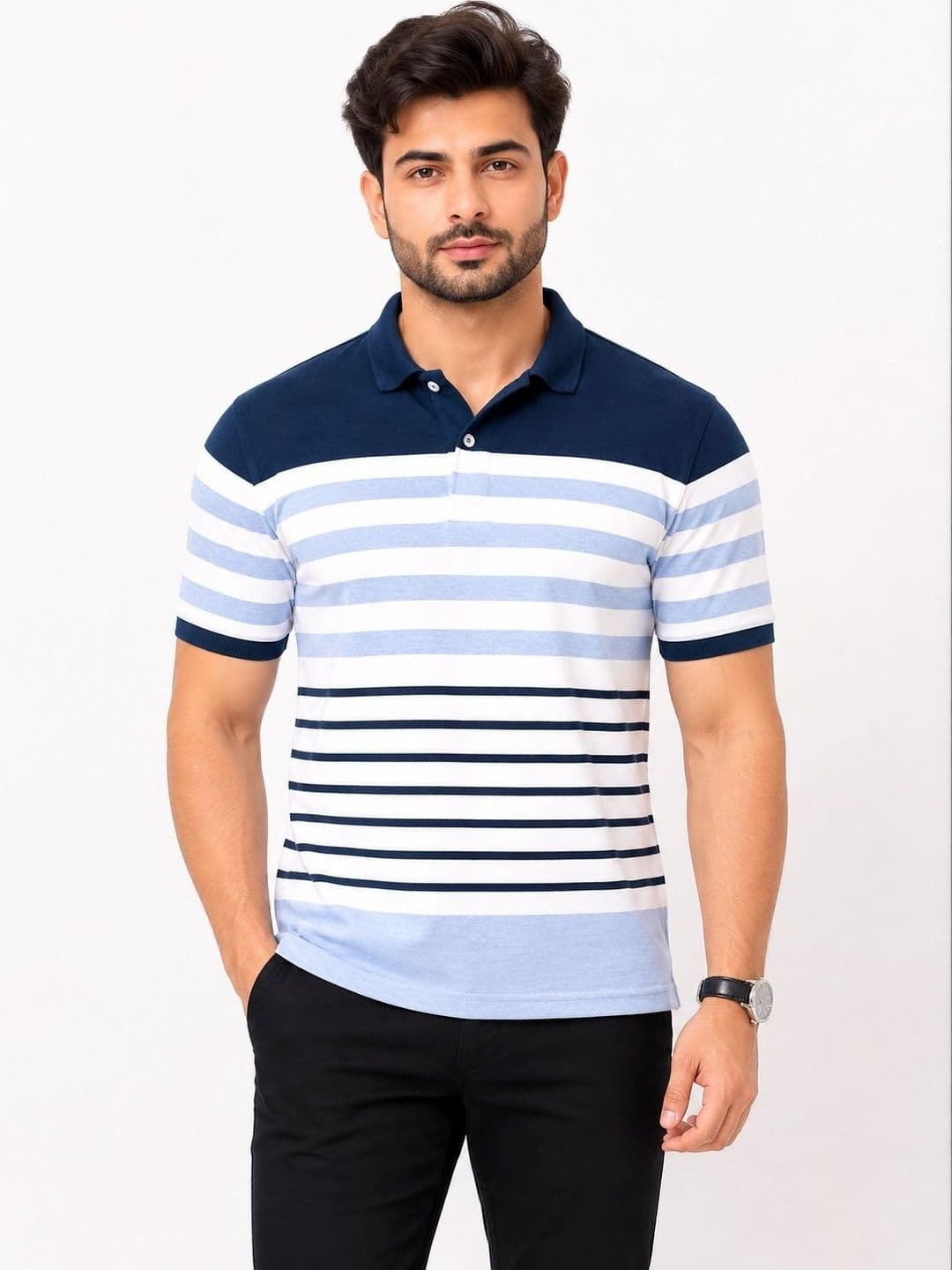 WILD COPS Men Striped Polo Collar T-shirt - view 1