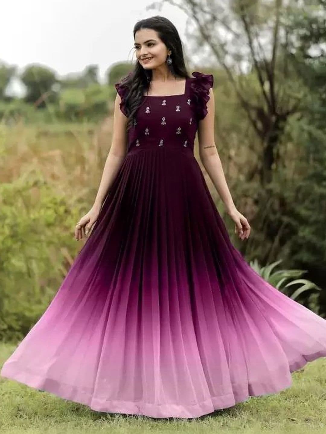Sangria Embroidered Square Neck Maxi Ethnic Dress - view 1