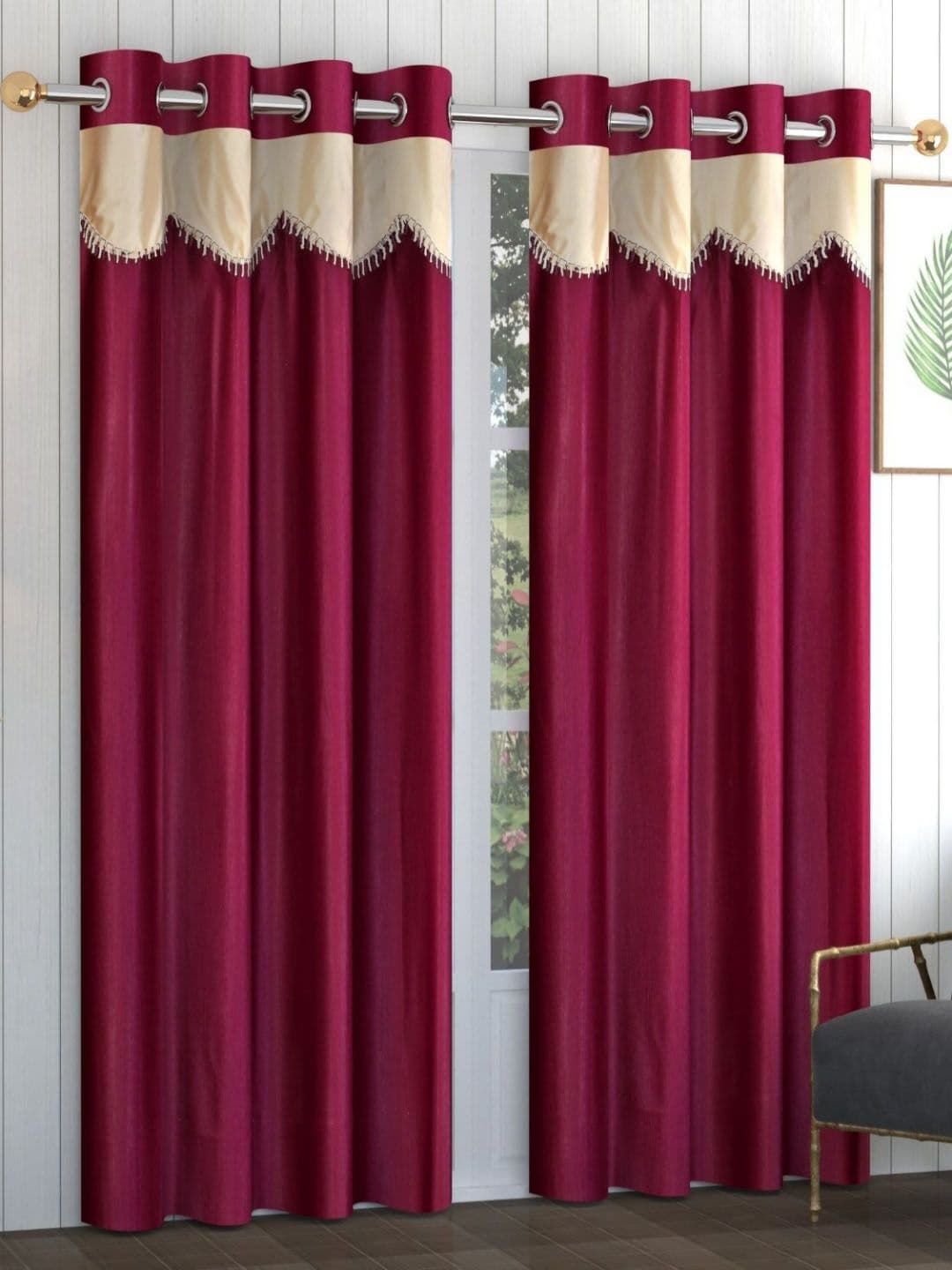 Galaxy Home Decor Maroon & Beige 2 Pieces Long Door Curtains - view 1