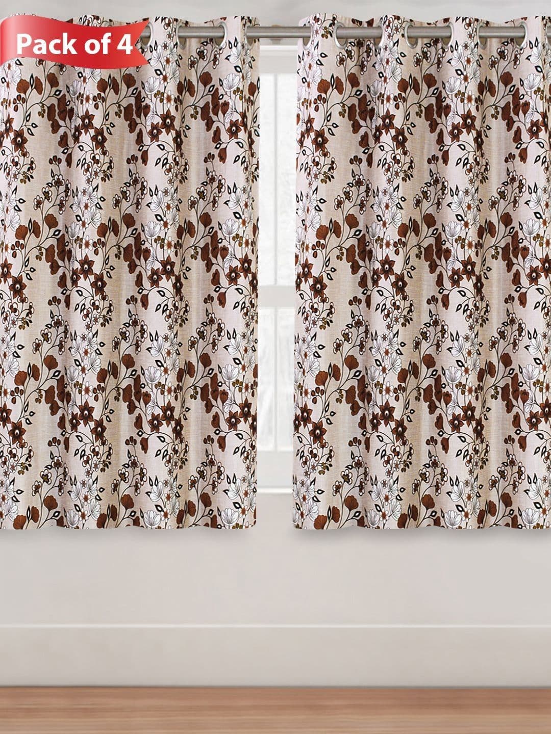 Aura Brown & White Set of 4 Floral Room Darkening Window Curtains and Sheers - view 1